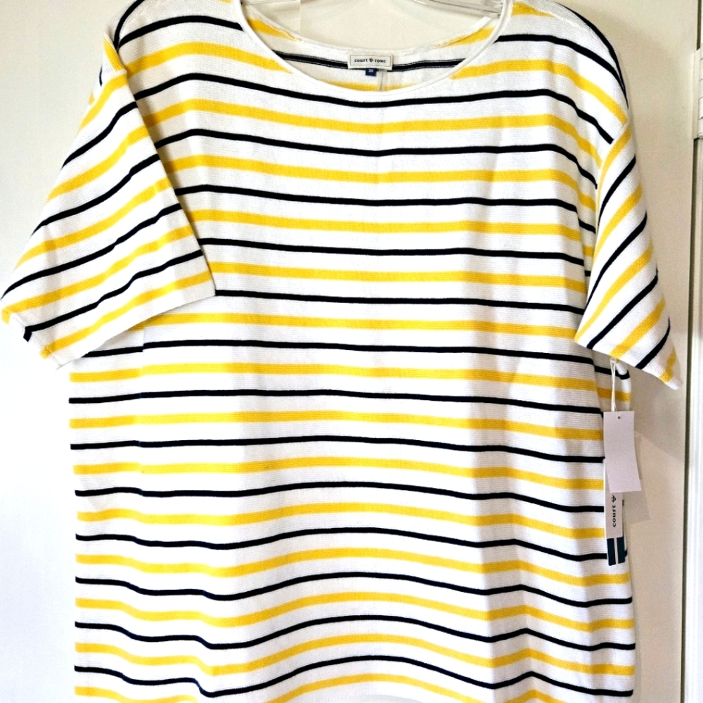 Court & Rowe Yellow and Black Striped Short Sleeve Cotton and Silk Top NEW